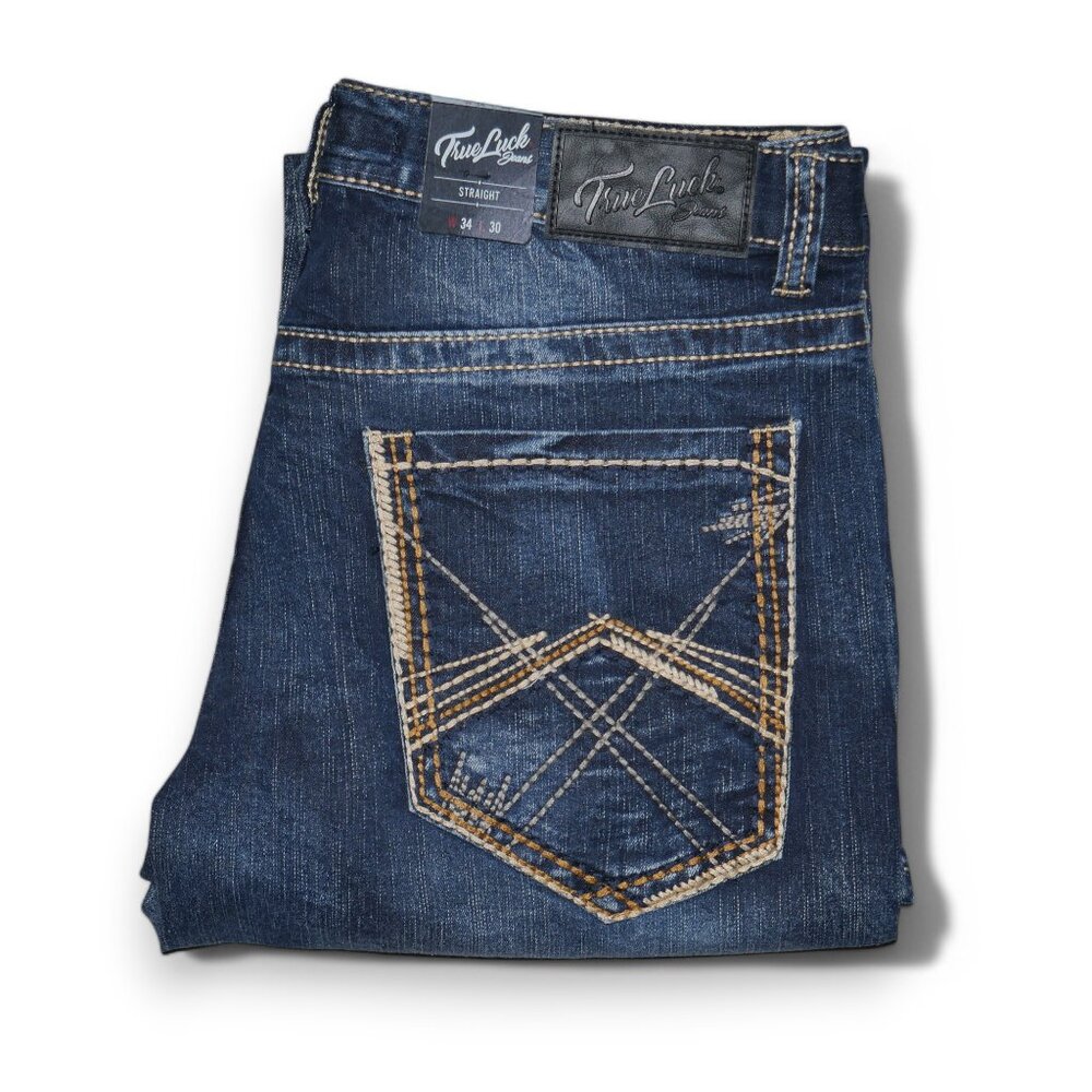 True Luck Straight Leg Jeans Dark Wash Denim Men's Size 34x30 Thick Stitch BKE